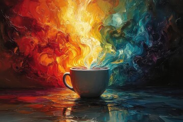 swirling colors of a rainbow explode from a coffee cup creating a whimsical and imaginative scene that symbolizes creativity and joy in everyday moments inviting viewers into a world of fantasy
