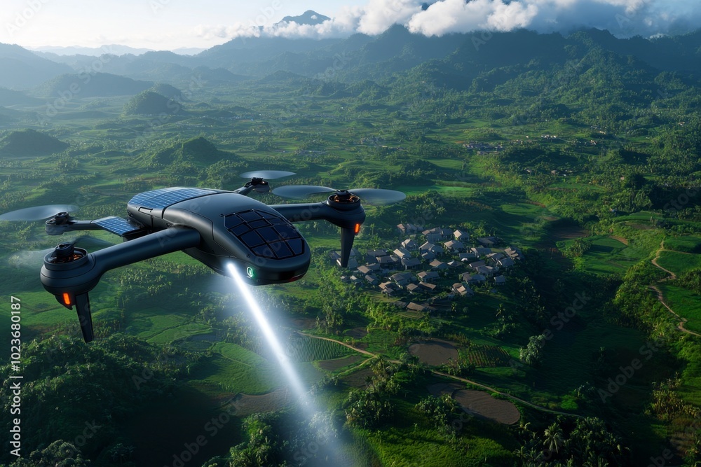 Poster a futuristic concept of solar-powered drones hovering above a rural area, beaming electricity down t