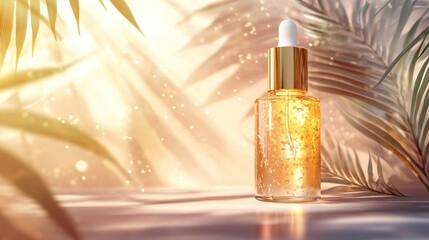 A glowing bottle of golden vitamin C serum sits against a backdrop of soft tropical leaf shadows, blending nature and luxury for a radiant skincare feel. No text on the bottle.