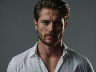 A focused man with a beard in a white shirt poses against a gray background during a studio shoot in the late afternoon light.