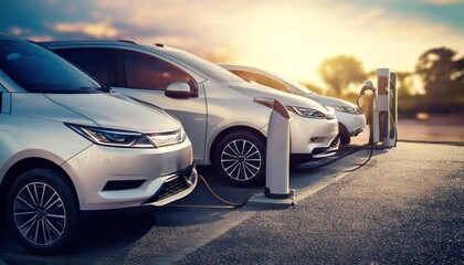 Fototapeta premium Sleek electric vehicles charging at public station 