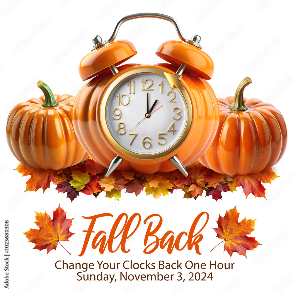 Wall mural daylight saving time ends. fall back informational banner with pumpkin clock that turns the clock ba