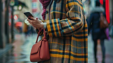 street style, attractive woman wearing a mini skirt, check plaid blazer and a lether brown tote bag. fashion outfit perfect for autumn
