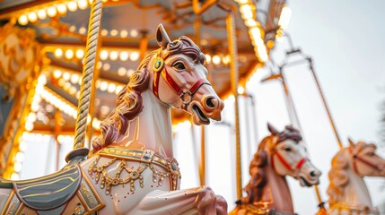 Whimsical image of amusement park carousel, with ornate horses and decorative lights against a clean white background