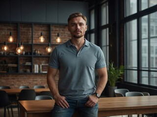 Fototapeta premium Pensive man standing in a modern coworking loft with large windows, reflecting on his thoughts during a quiet afternoon.