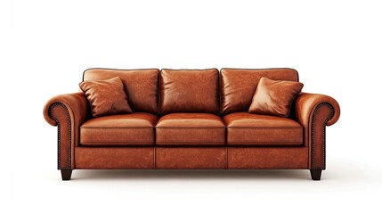 A rich brown leather sofa with two plush pillows placed on each end, displayed on a white background, emphasizing its timeless and luxurious appeal.