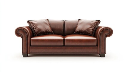 Fototapeta premium A rich brown leather sofa with two plush pillows placed on each end, displayed on a white background, emphasizing its timeless and luxurious appeal.