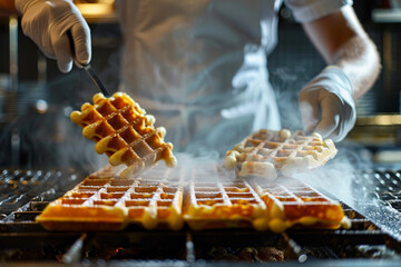 Obraz premium A chef is making waffles on a grill, with steam rising from the waffles