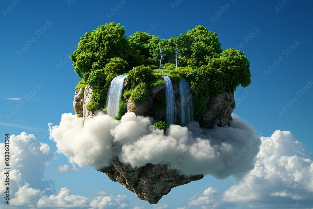 Poster a futuristic floating island in the sky, with waterfalls flowing into clouds and lush forests sustai