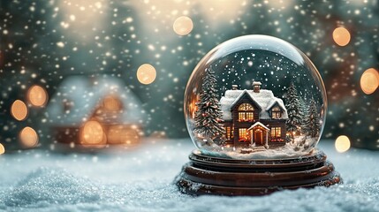 A whimsical snow globe depicting a cozy winter house surrounded by falling snowflakes and soft bokeh lights. Blank space for text and design