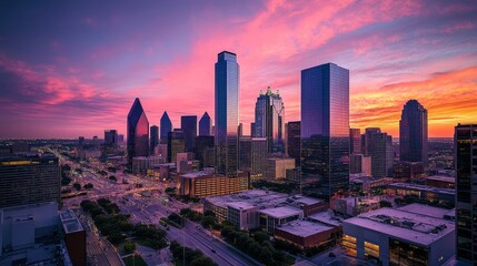 Obraz premium Dallas Skyline at Dusk with Purple and Pink Clouds