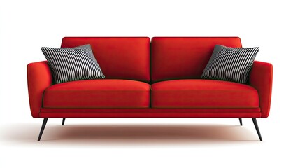 A vibrant red sofa with two pillows, placed symmetrically, stands on a transparent background, highlighting its bold color and sleek design.