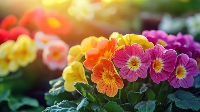 Colorful primroses in garden.