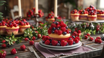 Bountiful Berry Bliss Exquisite Table Setting with Luscious Berries and Delectable Cupcakes for a Dreamy Wedding or Event Celebration