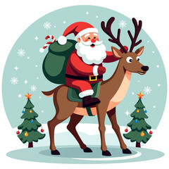 Merry Christmas cute Santa Claus on reindeer  and Christmas tree illustration isolated on a white background