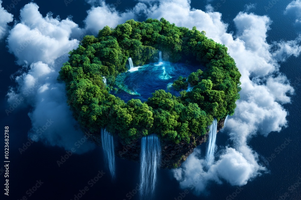 Poster a futuristic floating island in the sky, with waterfalls flowing into clouds and lush forests sustai