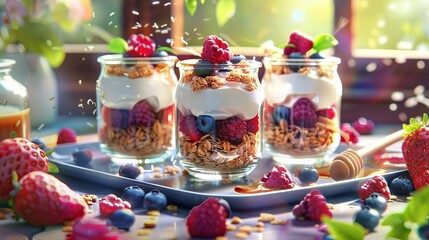 Delicious Morning Delight Vibrant Berry Yogurt Parfait with Crunchy Granola and Sweet Honey in Glass Jars Healthy Breakfast Concept