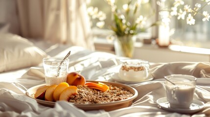 Morning Bliss Fresh Peach Slices Creamy Yogurt and Crunchy Granola on a Bed Tray for a Cozy Start to the Day