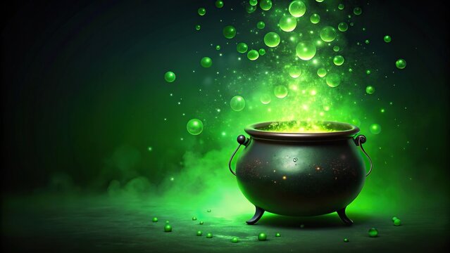Halloween background with bubbling cauldron of green potion
