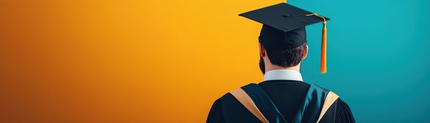 Graduate in cap and gown facing colorful background, symbolizing achievement and future opportunities.