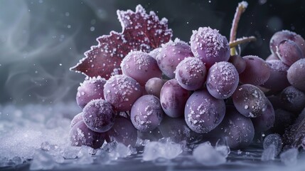 Glistening Grapes Captivating FrostKissed Fruit on Dark Background with Ethereal Glow Freshness and Elegance in Every Bite