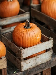 Pumpkins in Wooden Boxes Vertical Selective Focus