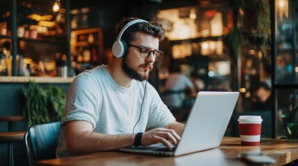 Fototapeta premium Young man working on a laptop in a cozy café with headphones and a coffee cup on the table during afternoon hours