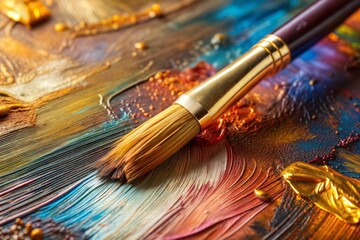 Fototapeta premium Paintbrush resting on acrylic paint palette on canvas texture