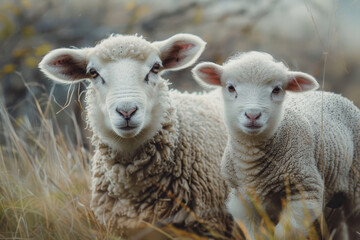 Fototapeta premium Two sheep standing in a field, one is a baby
