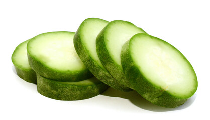 Studio shot of halved cucumber on white background - stock photo
