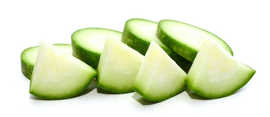 Studio shot of halved cucumber on white background - stock photo
