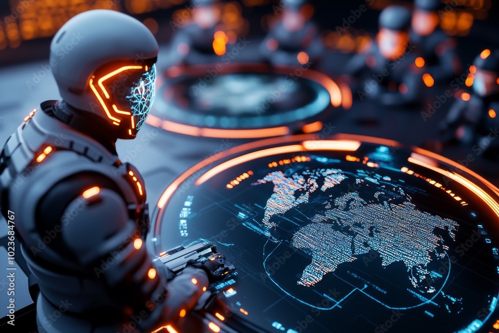 Poster A futuristic military command center with glowing digital maps, advanced AI systems, and tactical teams using holograms to coordinate global operations
