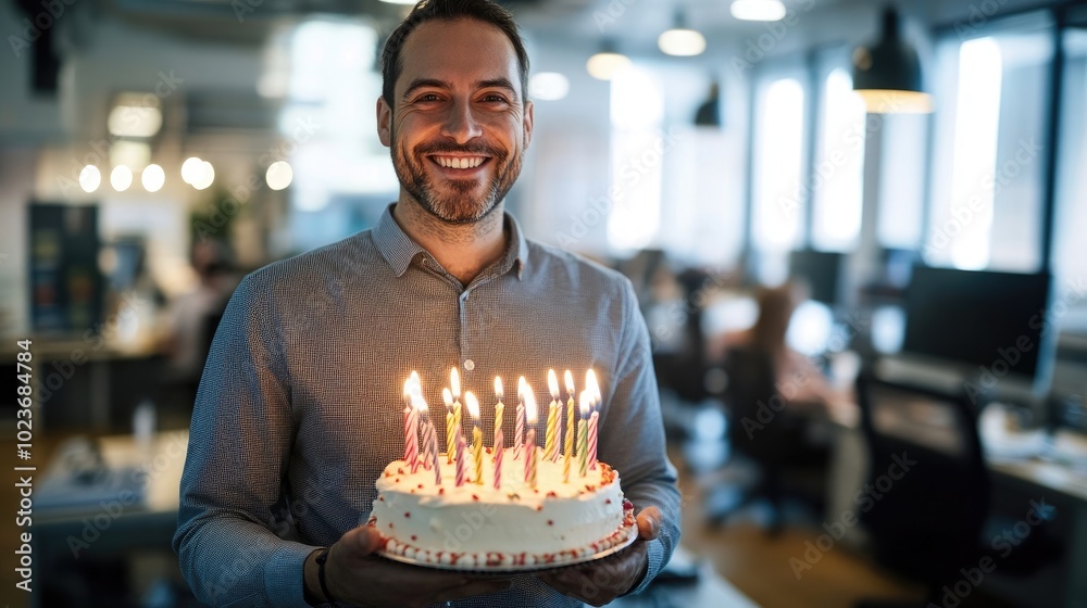 Wall mural a man holding a birthday cake with lit candles in an office, symbolizing a fun workplace celebration