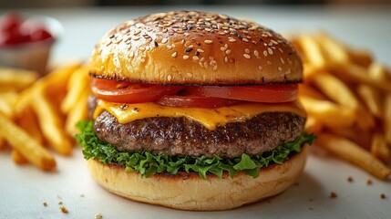 tasty hamburger piled high with fries presented on a bright white background emphasizing the deliciousness and appeal of this classic fast food meal