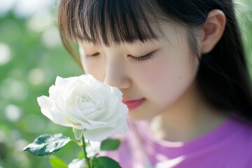 Fototapeta premium 白いバラを香る少女の写真、春の穏やかな日に花畑で感じる優しい瞬間