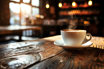 A white coffee cup with steam rising from it sits on a wooden table