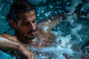 A man is in a hot tub with his head above the water