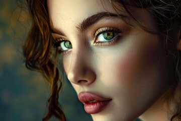 A woman with green eyes and a red lip