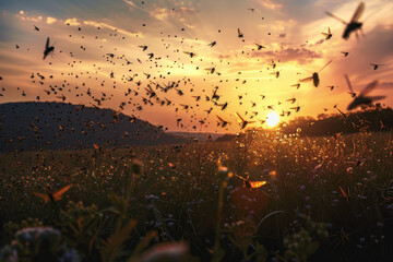 A field of flowers is illuminated by the sun