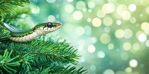 Fototapeta premium A golden snake coiled atop a frosted pine branch with a vibrant green background and shimmering bokeh lights. 2025, the Chinese New Year, the Year of the Snake, a key zodiac symbol in Asian culture.