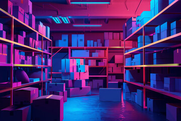 Obraz premium A brightly lit warehouse with boxes stacked on shelves