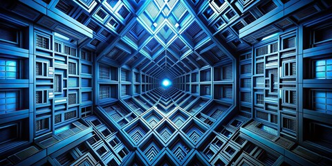 Abstract blue and black geometric shapes viewed from below