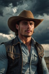 A stylish man in a cowboy hat stands against a dramatic sky, showcasing rugged charm and confidence in a rural setting.