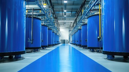 Obraz premium Blue industrial tanks aligned perfectly in a high-tech factory setting, highlighting modern equipment and innovation. No people.