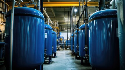 Blue industrial tanks arranged in a modern production facility, surrounded by cutting-edge machinery. No people.
