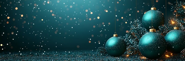 Elegant Blue Christmas Ornaments with Sparkling Snowflakes on Dark Teal Backdrop