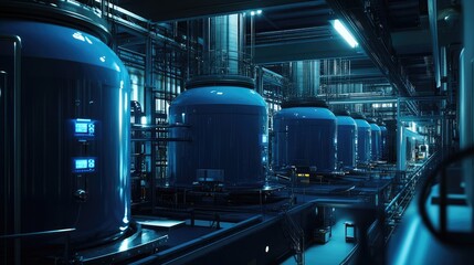 Obraz premium Blue industrial tanks connected to advanced machinery in a futuristic production facility, highlighting precision. No people.