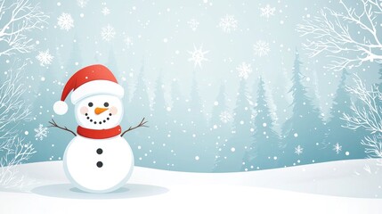 Cute Snowman in Santa Hat Standing in the Snow