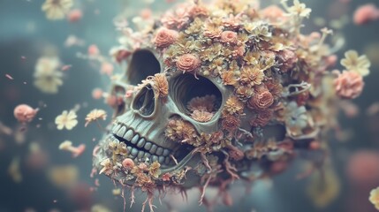 A surreal skull adorned with colorful flowers, set in a misty environment, blending themes of life and death