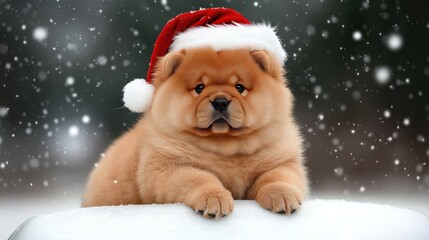 Fluffy chow-chow dog in a Santa hat enjoying a snowy winter day on a white car trunk